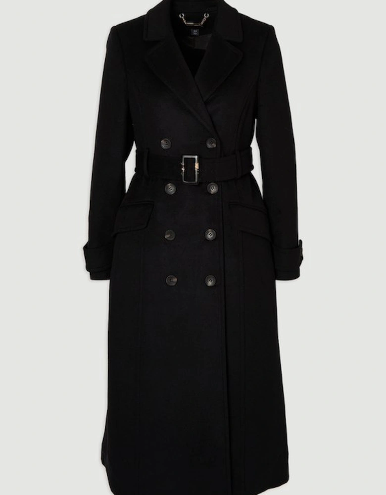 Tailored Wool Blend Double Breasted Buckle Belted Midi Coat