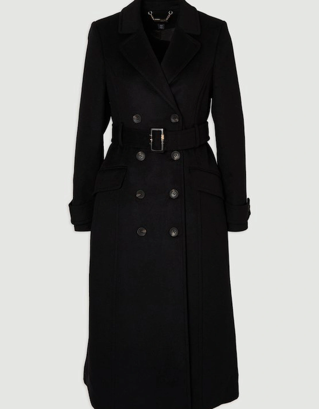 Tailored Wool Blend Double Breasted Buckle Belted Midi Coat