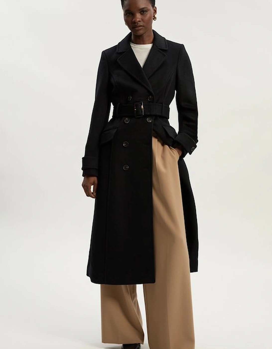 Tailored Wool Blend Double Breasted Buckle Belted Midi Coat, 5 of 4