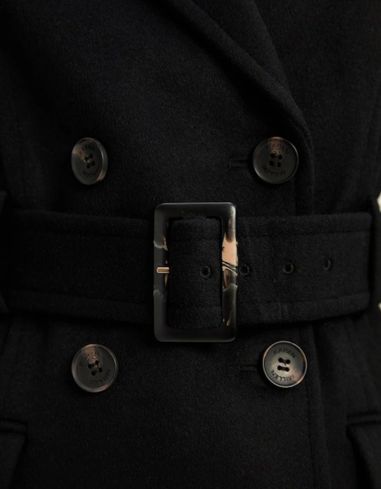 Tailored Wool Blend Double Breasted Buckle Belted Midi Coat