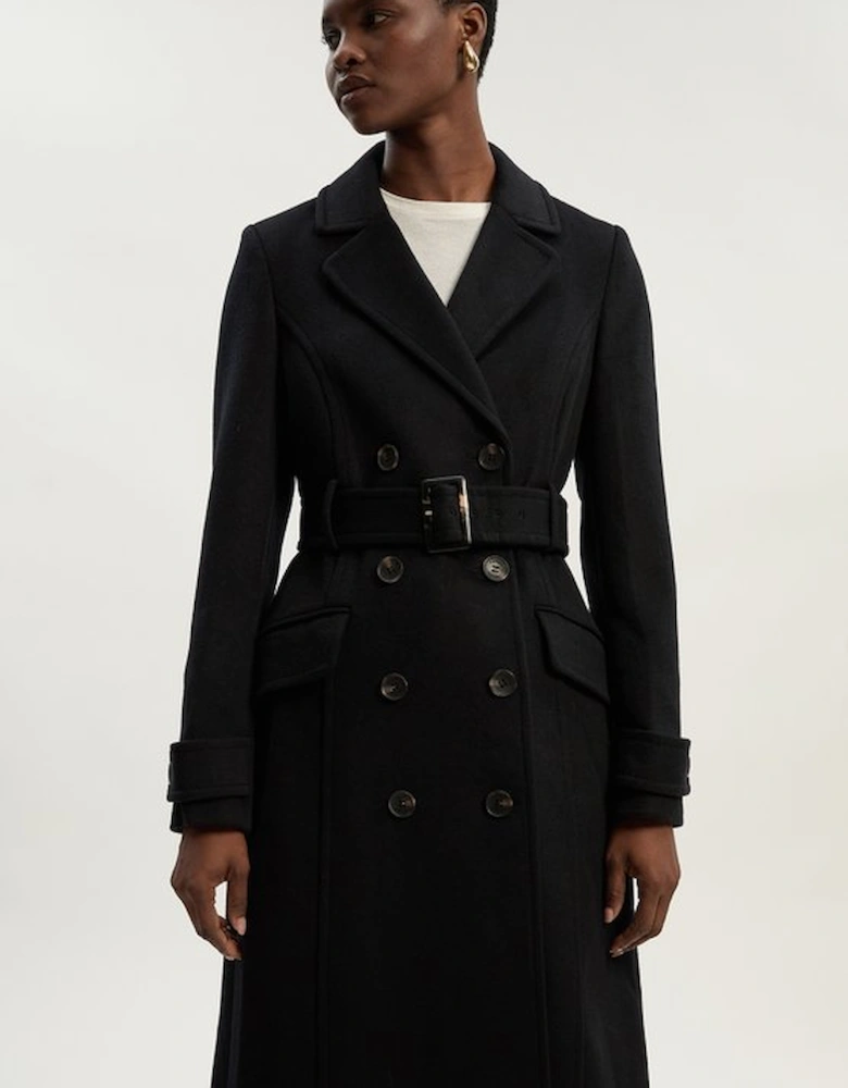 Tailored Wool Blend Double Breasted Buckle Belted Midi Coat
