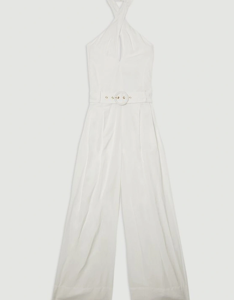 Premium Viscose Linen Cross Front Halter Belted Woven Wide Leg Jumpsuit