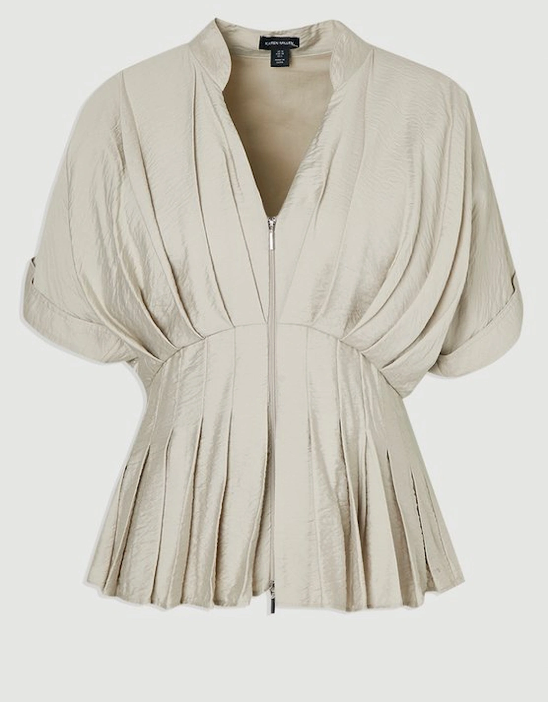 Pleated Neck Tie Detail Woven Short Sleeve Shirt