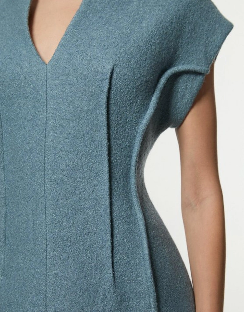 Textured Wool Blend Darted Tailored Midi Dress