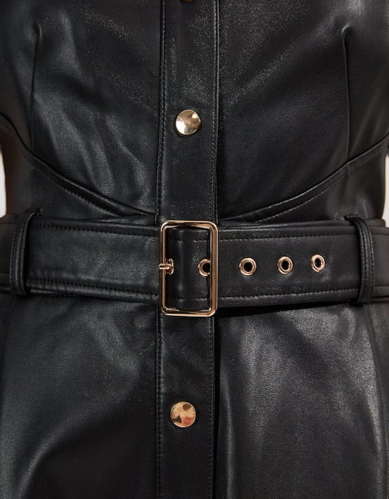 Faux Leather Belted Midi Shirt Dress