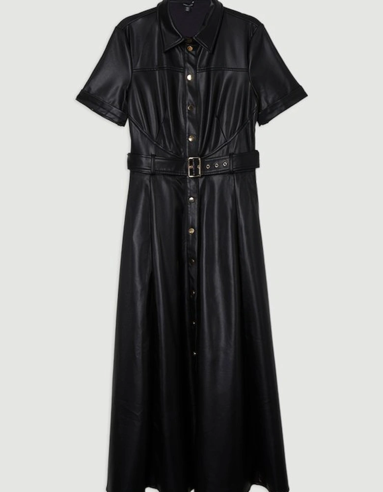 Faux Leather Belted Midi Shirt Dress
