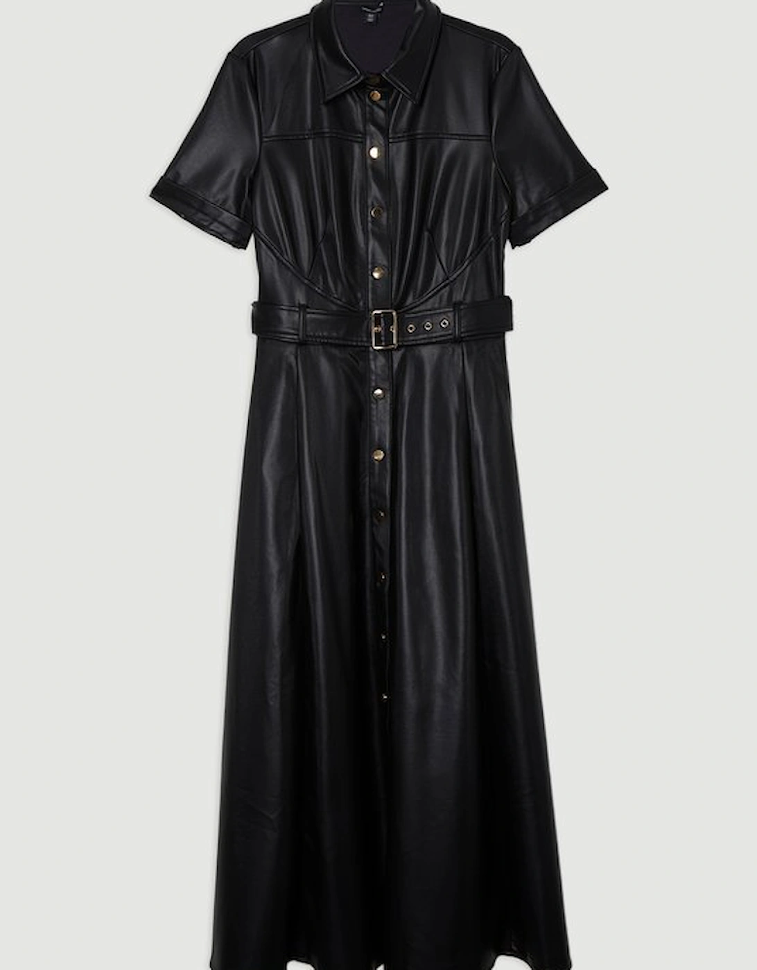 Faux Leather Belted Midi Shirt Dress