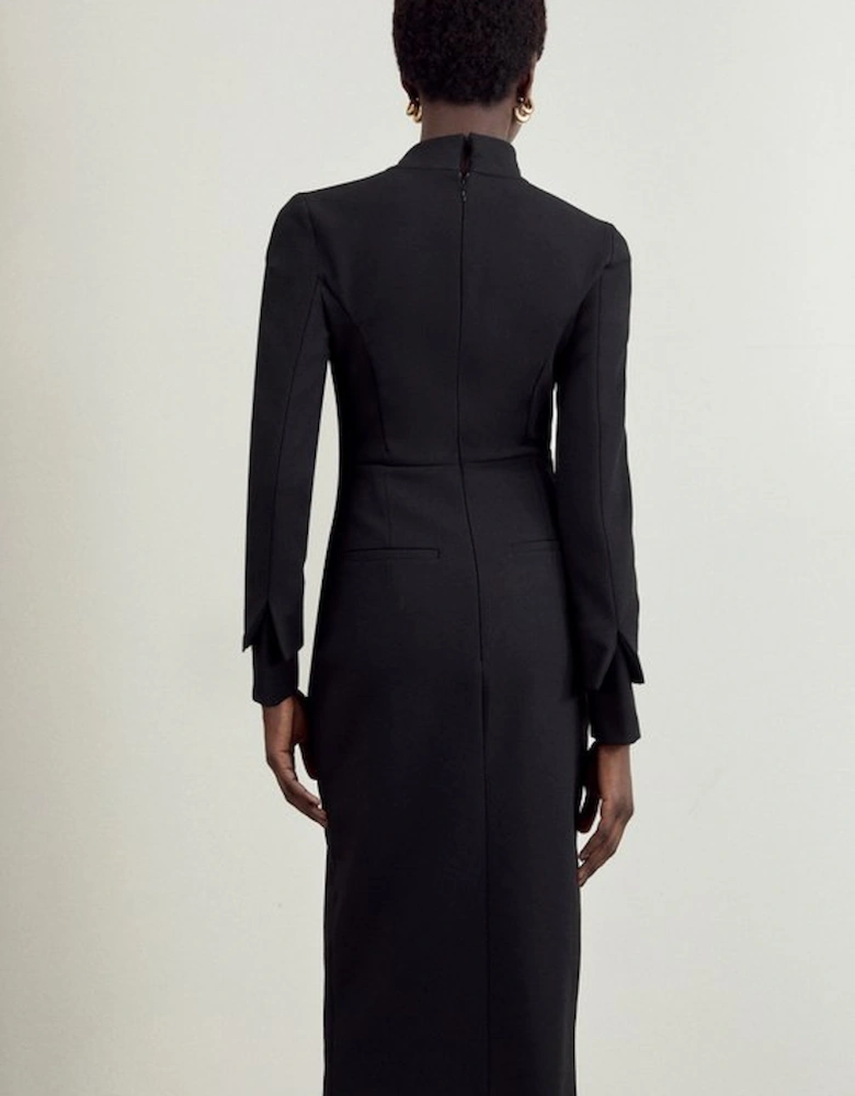 Compact Stretch Tailored Tie Neck Pencil Midi Dress