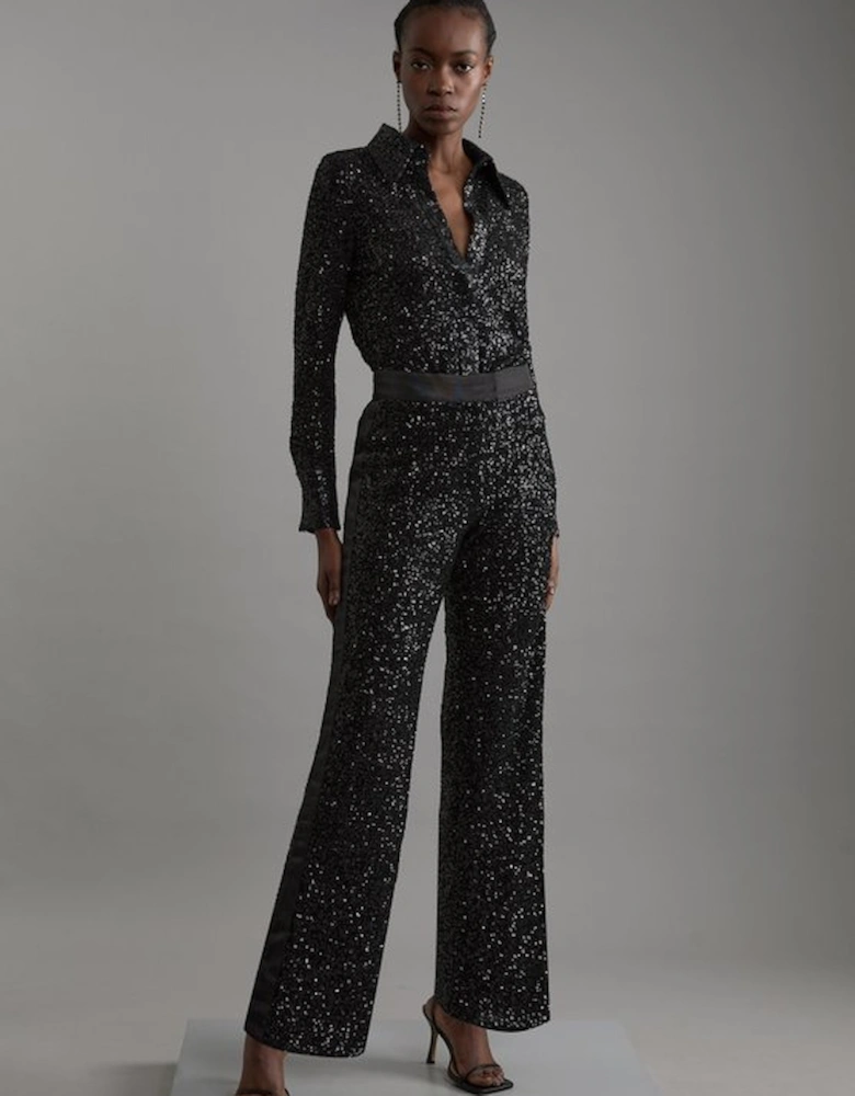 Sequin High Waisted Wide Leg Trousers