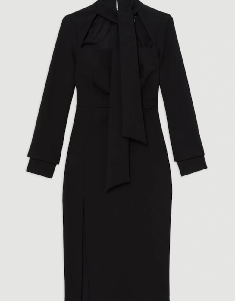 Compact Stretch Tailored Tie Neck Pencil Midi Dress