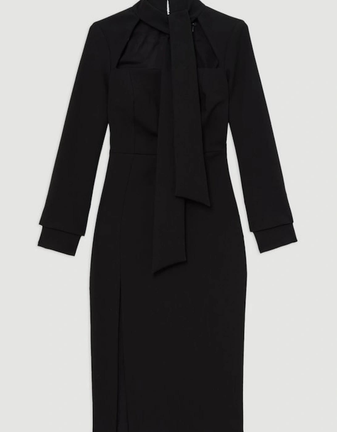 Compact Stretch Tailored Tie Neck Pencil Midi Dress