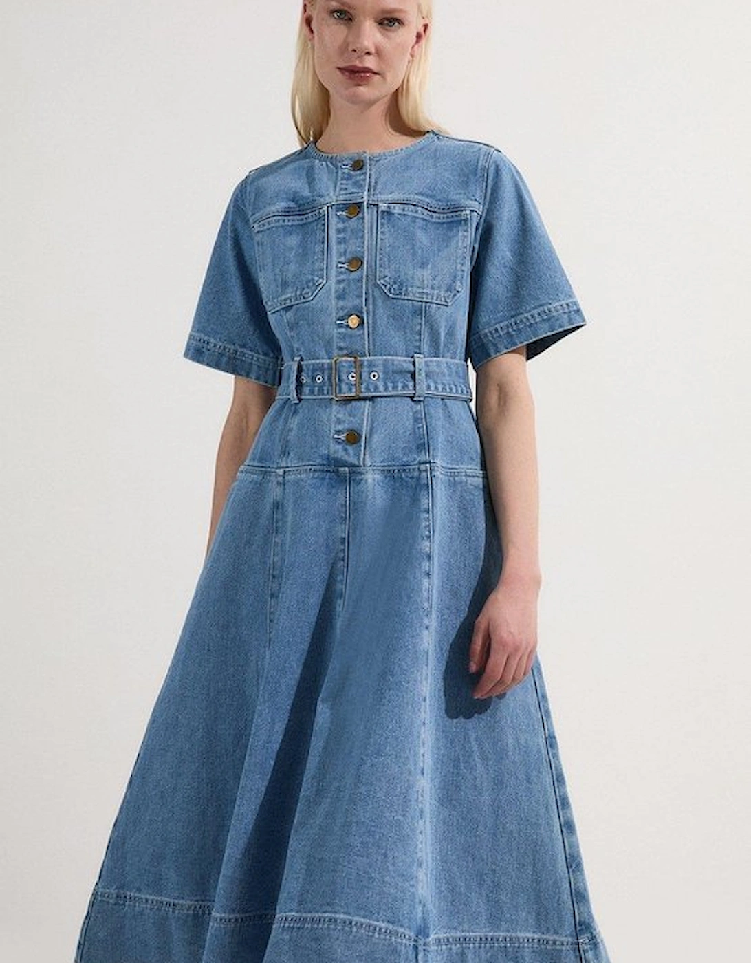 Denim Soft Wash Short Sleeve Belted Midi Dress