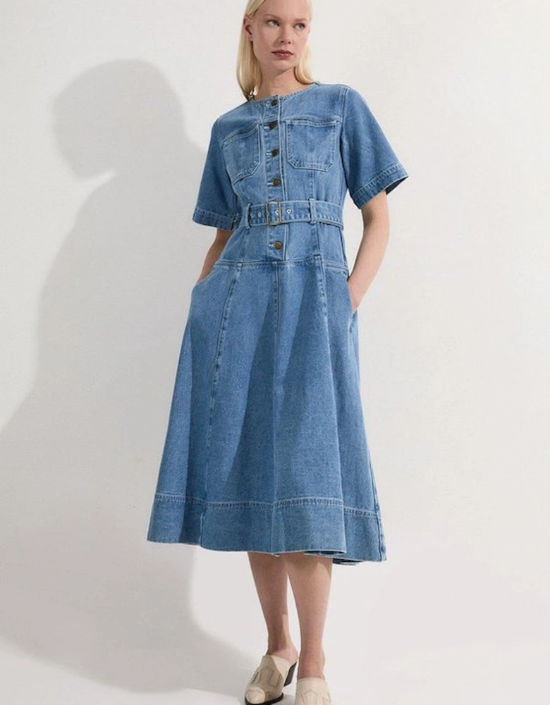 Denim Soft Wash Short Sleeve Belted Midi Dress