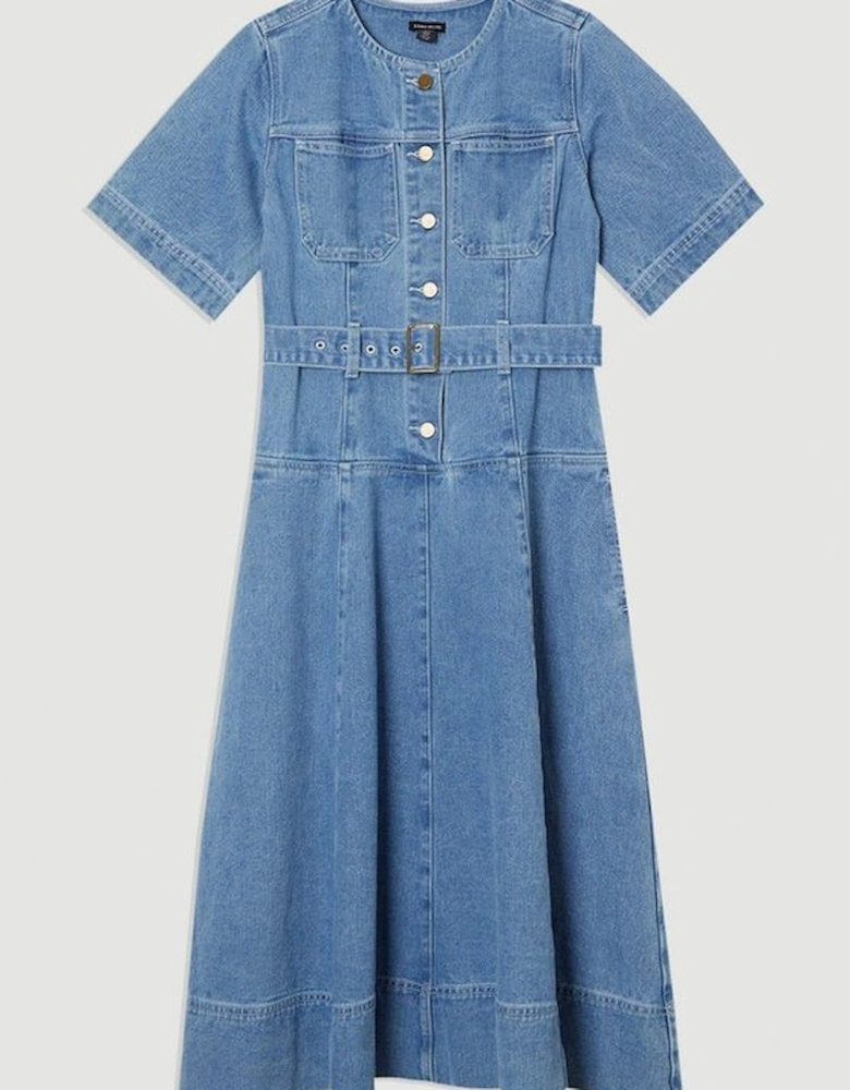 Denim Soft Wash Short Sleeve Belted Midi Dress