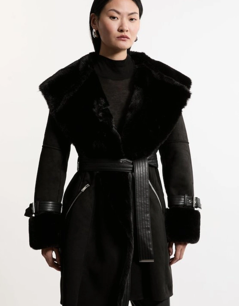 Faux Shearling Collar & Cuff Belted Short Coat