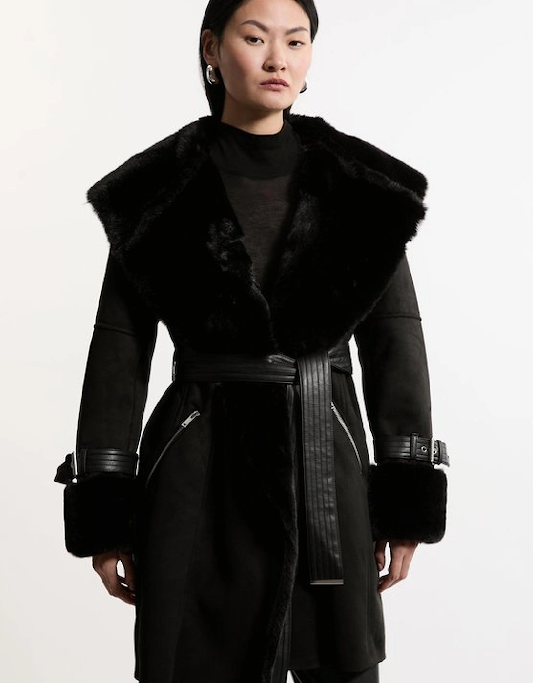 Faux Shearling Collar & Cuff Belted Short Coat, 2 of 1