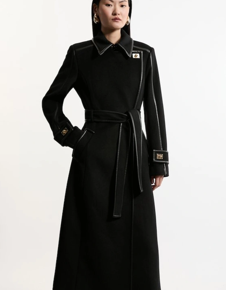 Petite Brushed Wool Pu Trim Belted Tailored Double Breasted Midi Coat