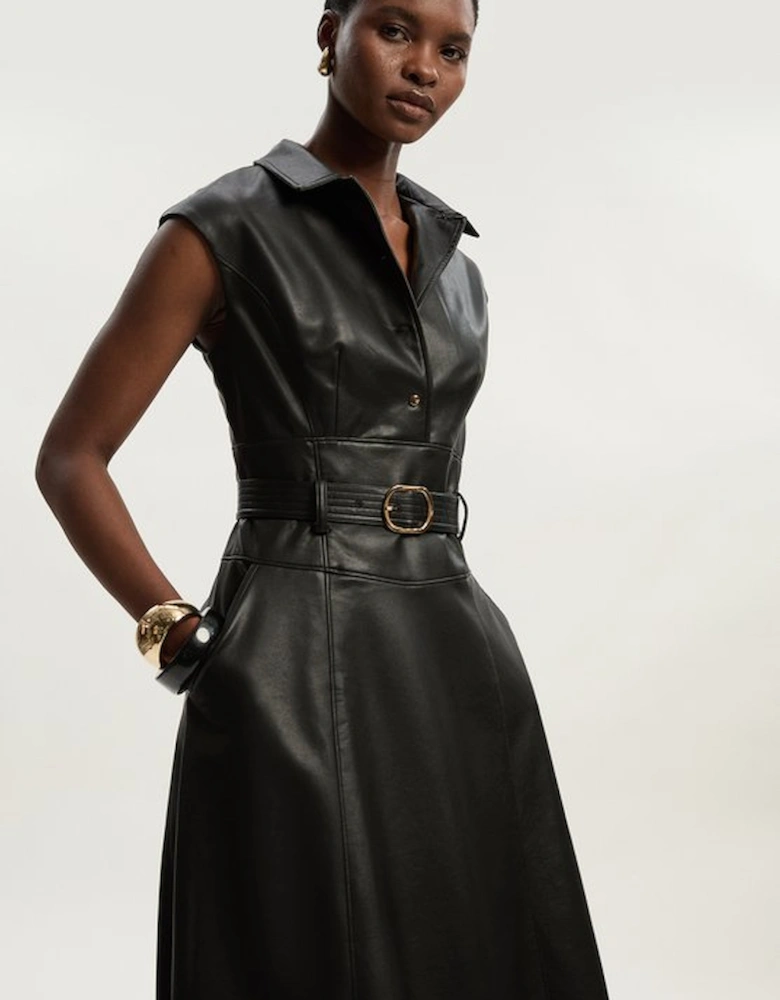 Faux Leather Belted Midi Dress