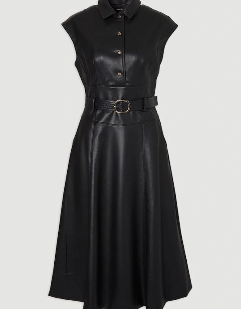 Faux Leather Belted Midi Dress