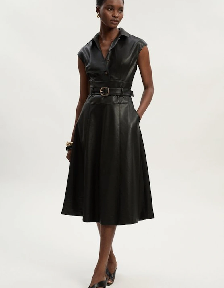 Faux Leather Belted Midi Dress
