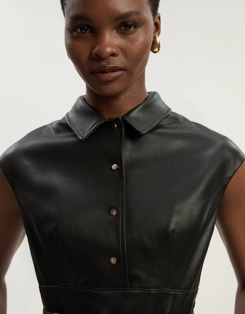 Faux Leather Belted Midi Dress