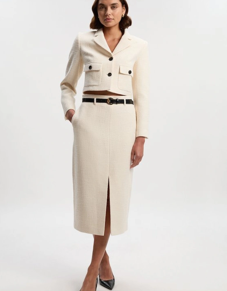 Textured Tweed Belted Tailored Pencil Skirt
