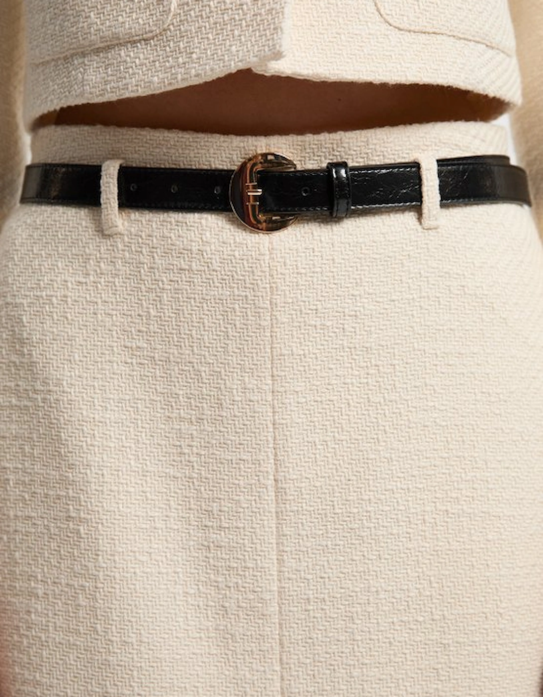 Textured Tweed Belted Tailored Pencil Skirt