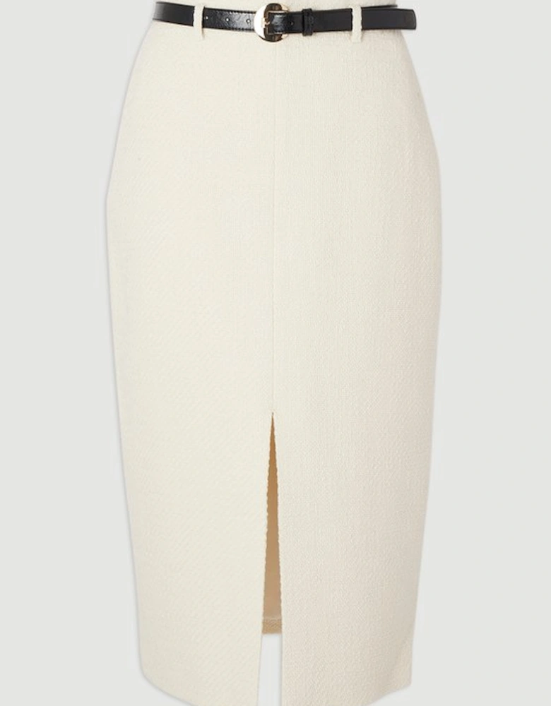 Textured Tweed Belted Tailored Pencil Skirt