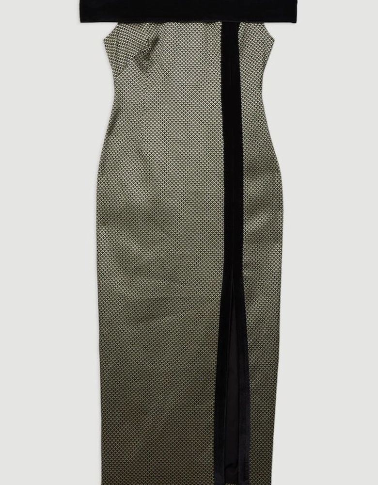 Geo Jacquard Velvet Mix Tailored Bardot Midi Dress