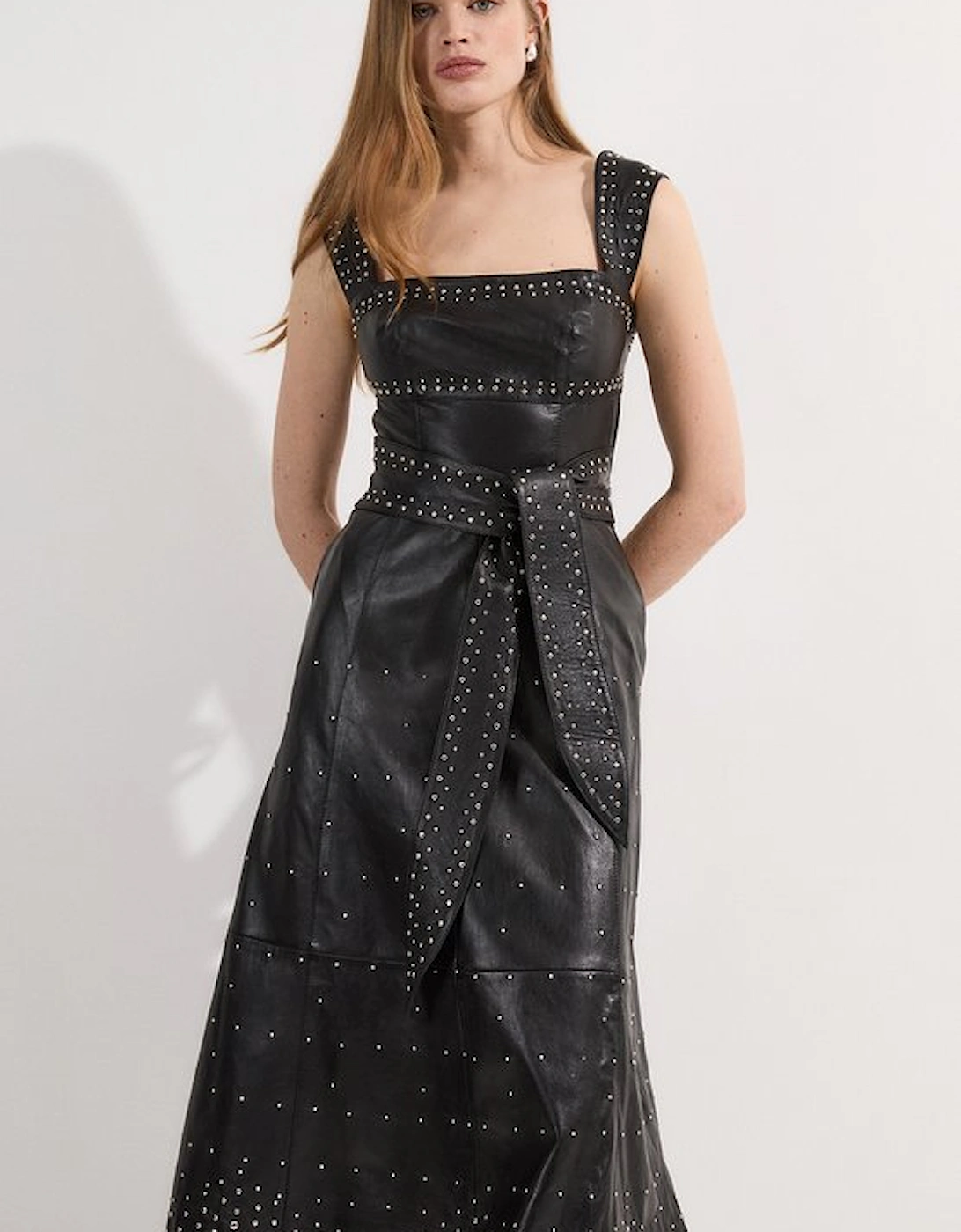 Leather Small Studs Strappy Full Midi Dress, 5 of 4