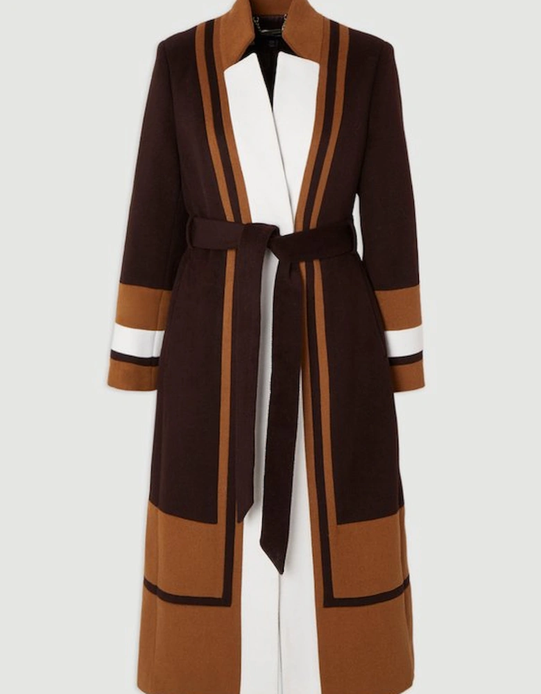 Brushed Wool Colour Block Tailored Belted Midi Coat