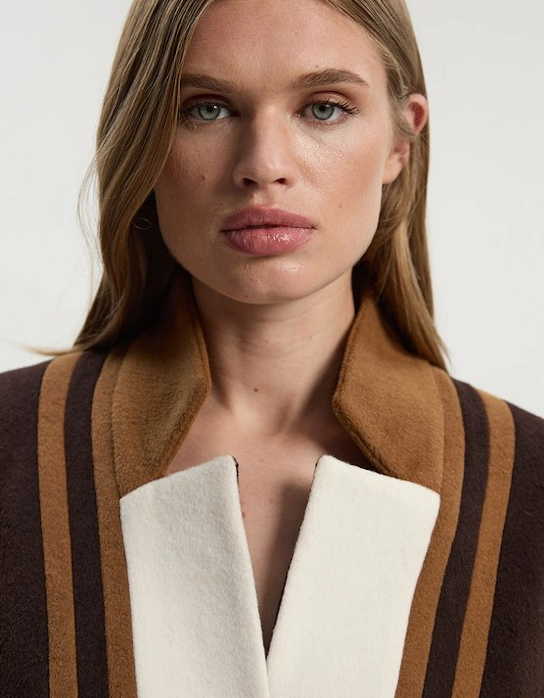 Brushed Wool Colour Block Tailored Belted Midi Coat