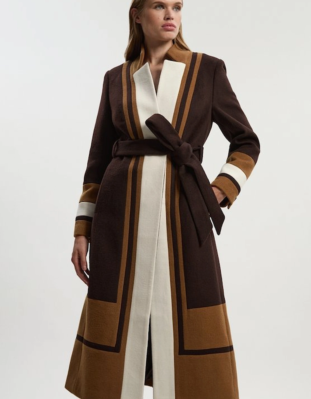Brushed Wool Colour Block Tailored Belted Midi Coat