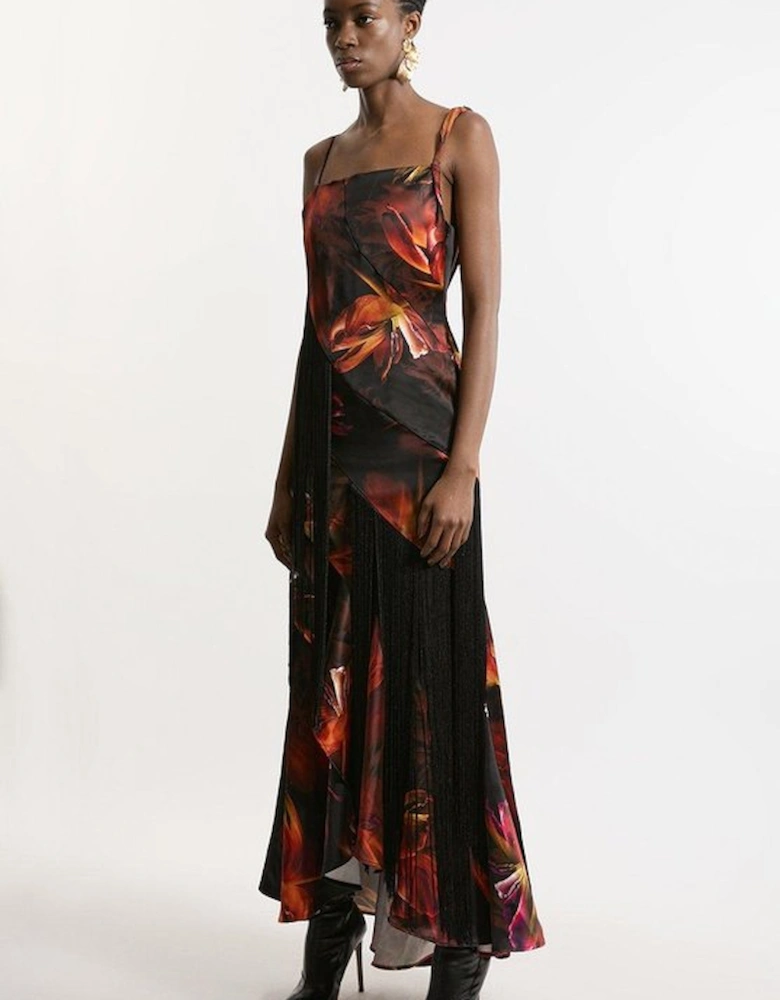 Floral Heavy Satin Panelled Fringed Woven Strappy Maxi Dress
