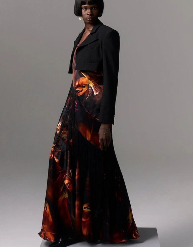 Floral Heavy Satin Panelled Fringed Woven Strappy Maxi Dress