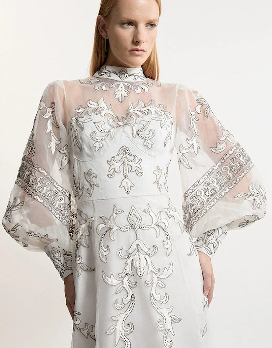Baroque Organdie Applique Buttoned Woven Maxi Dress