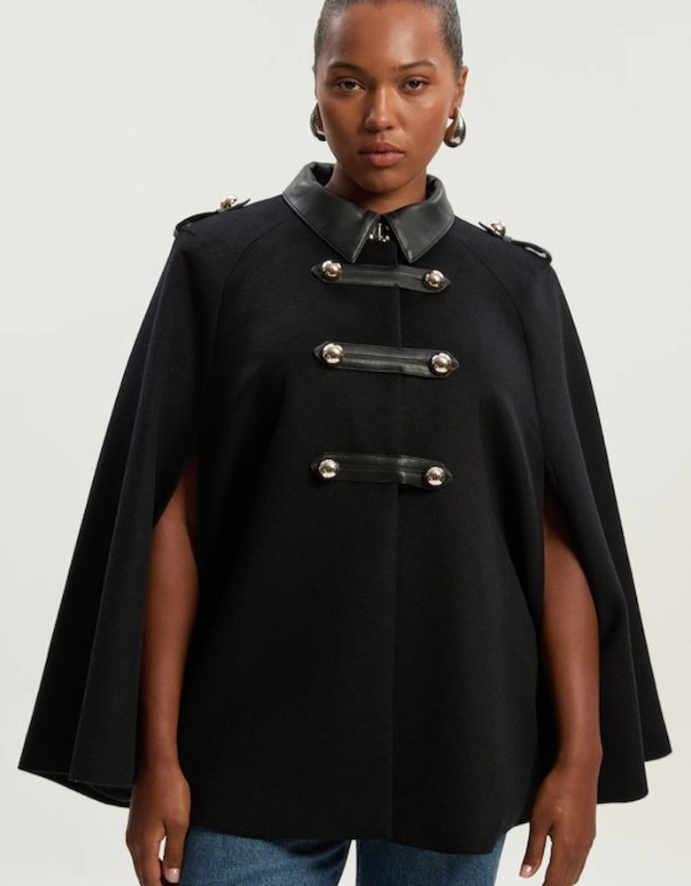 Plus Size Brushed Wool PU Mix Tailored Cape Short Coat