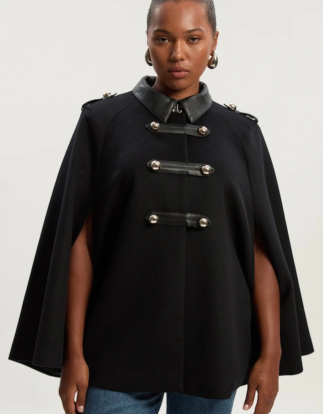 Plus Size Brushed Wool PU Mix Tailored Cape Short Coat, 5 of 4