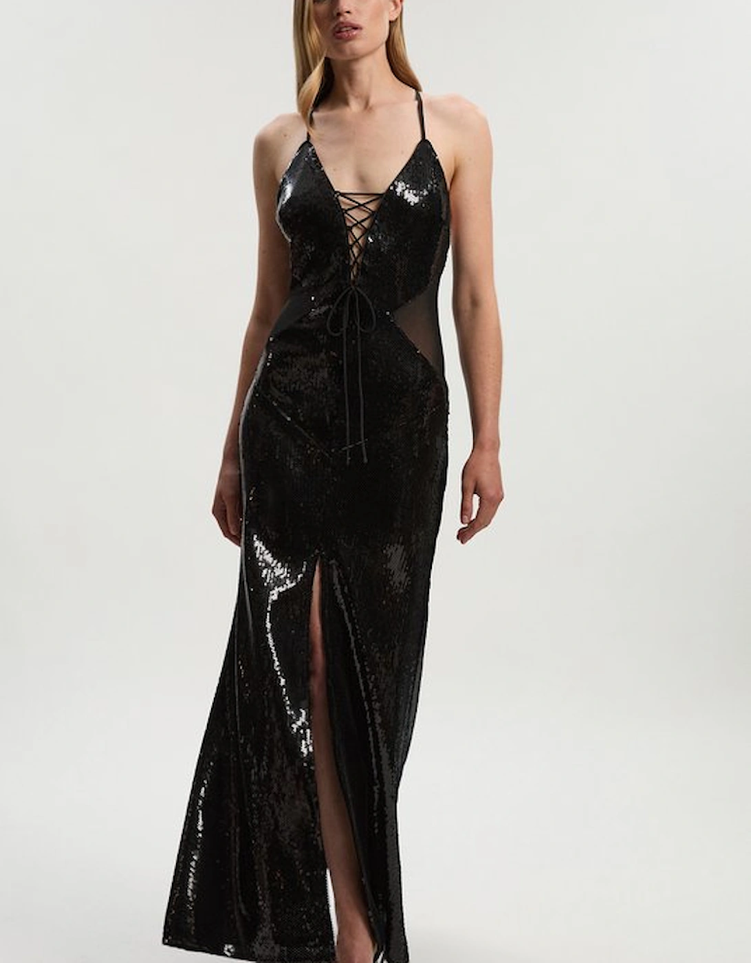 Sequin Power Mesh Lace Up Front Halter Neck Split Detail Maxi Dress