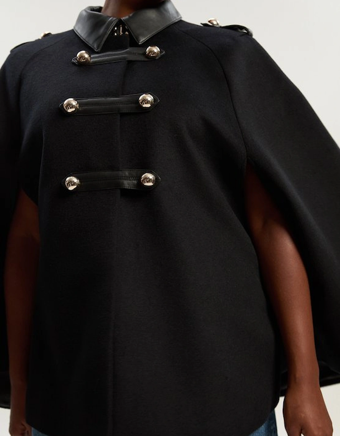 Plus Size Brushed Wool PU Mix Tailored Cape Short Coat