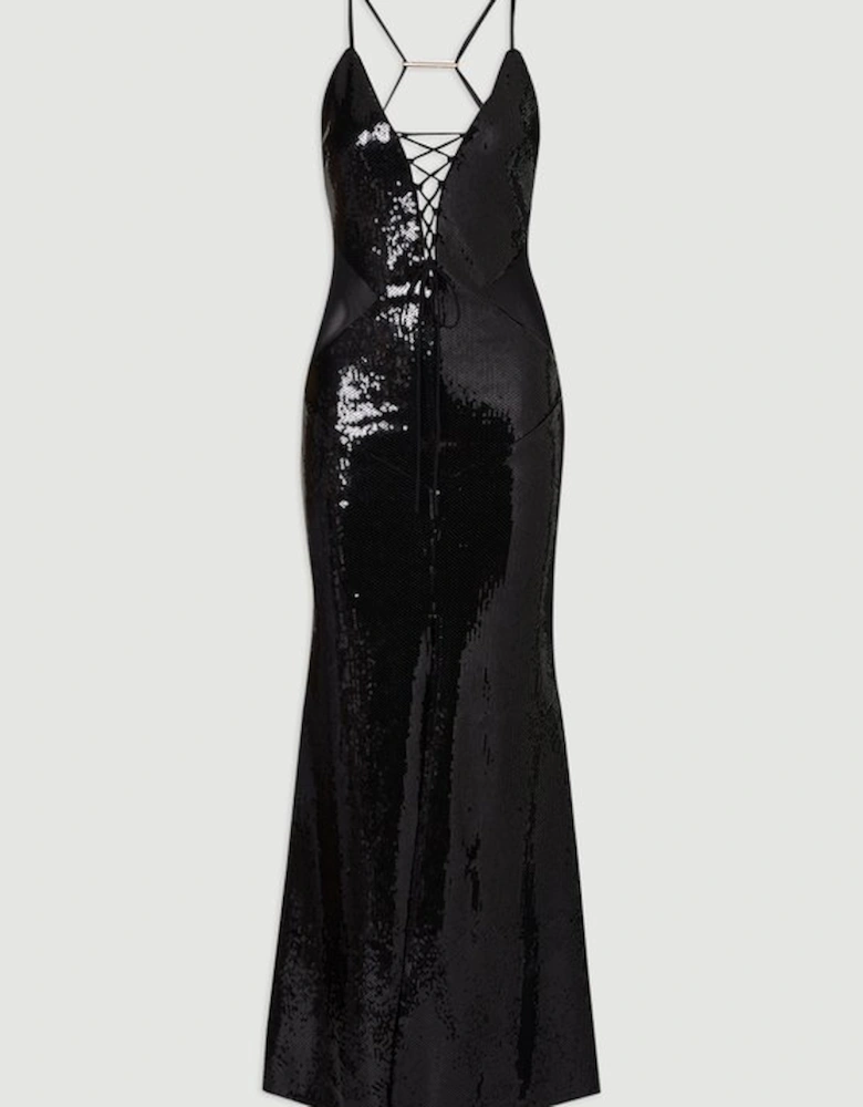 Sequin Power Mesh Lace Up Front Halter Neck Split Detail Maxi Dress