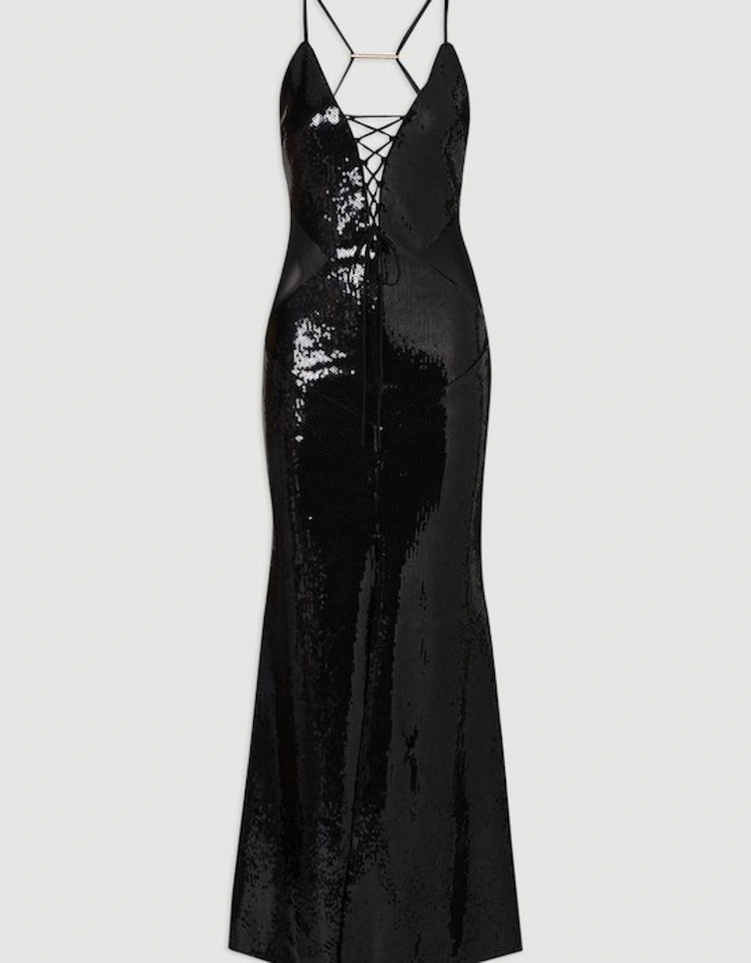 Sequin Power Mesh Lace Up Front Halter Neck Split Detail Maxi Dress