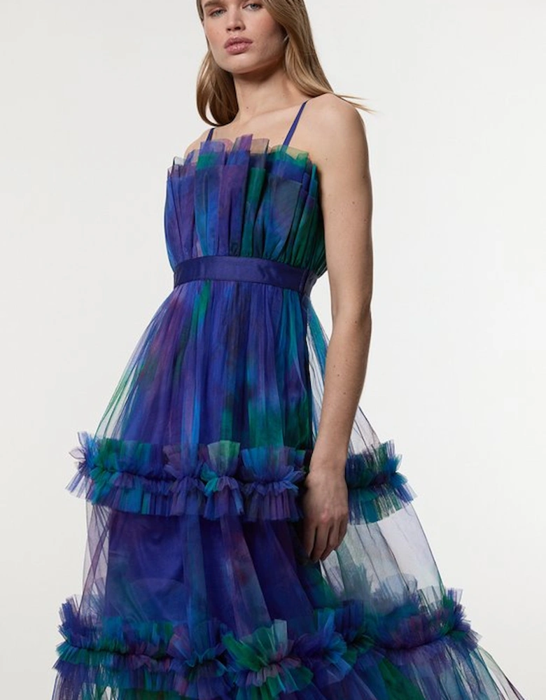Dark Floral Tulle Bandeau Tiered Midi Woven Dress