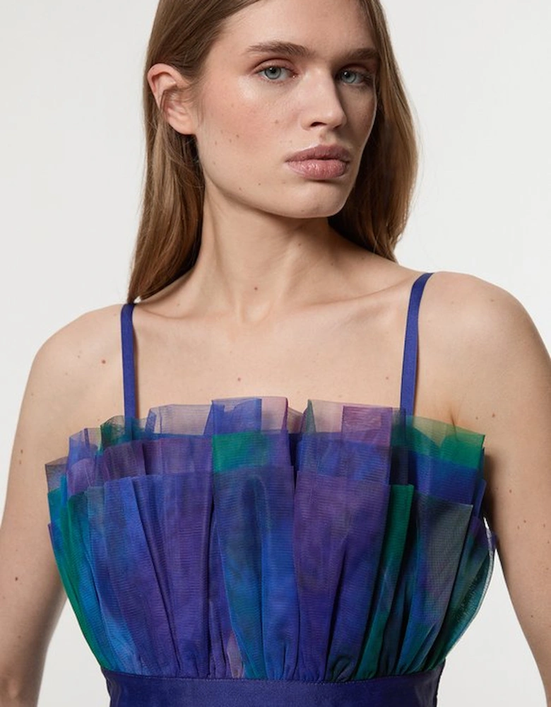 Dark Floral Tulle Bandeau Tiered Midi Woven Dress