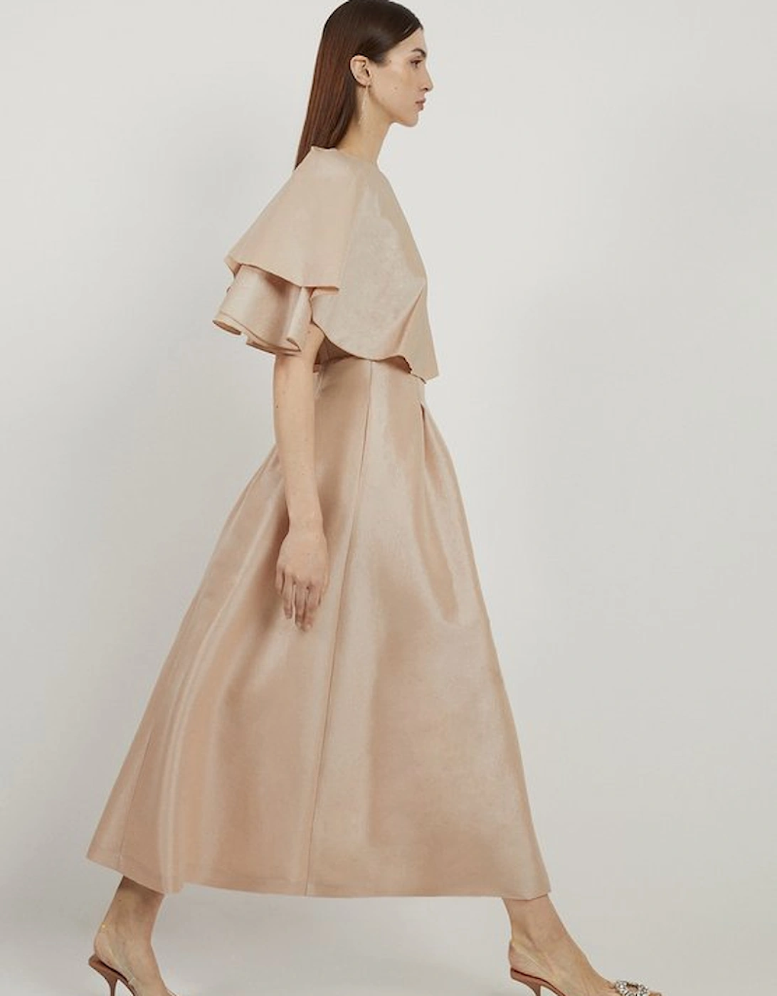 Petite Taffeta One Shoulder Ruffle Midi Dress
