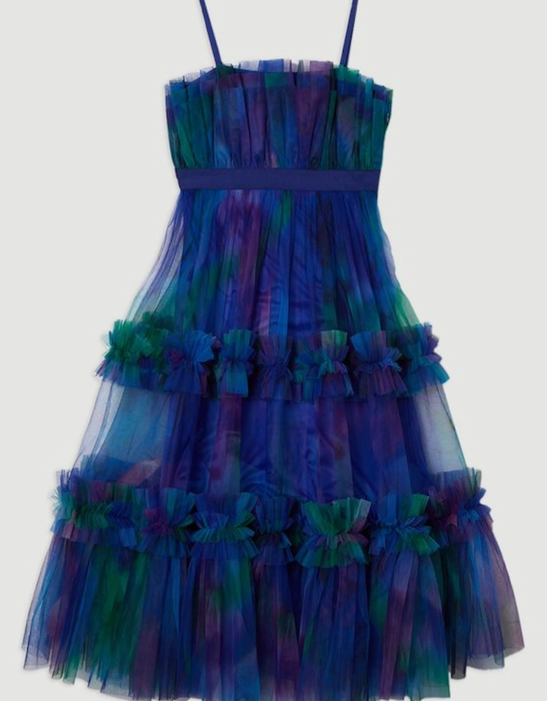 Dark Floral Tulle Bandeau Tiered Midi Woven Dress