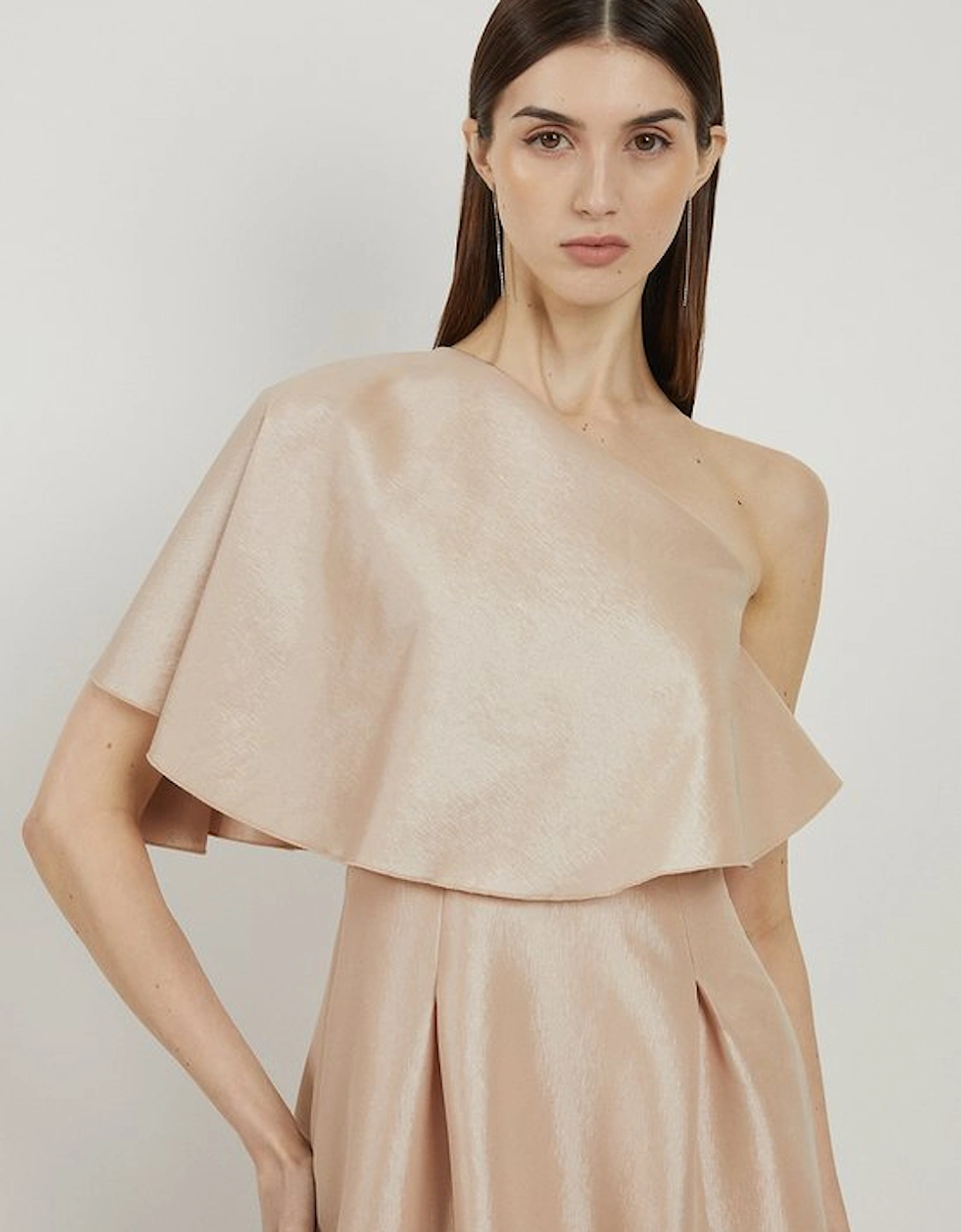 Petite Taffeta One Shoulder Ruffle Midi Dress