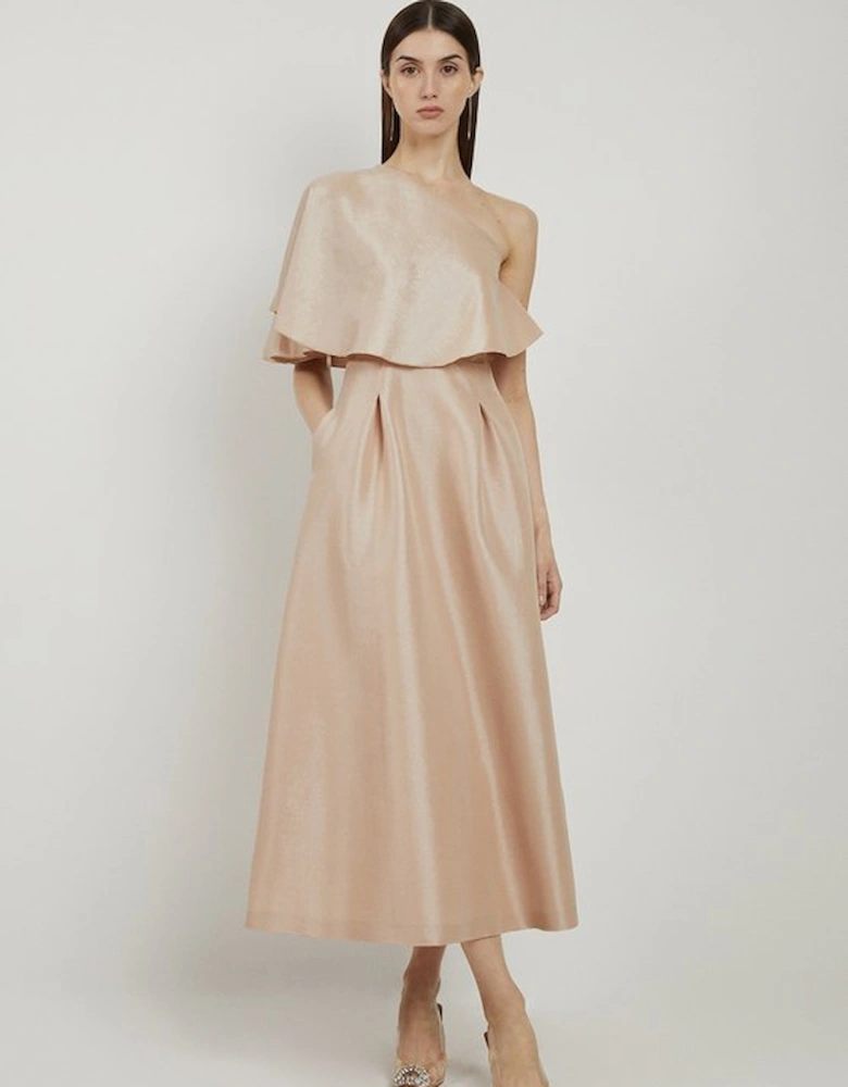 Petite Taffeta One Shoulder Ruffle Midi Dress