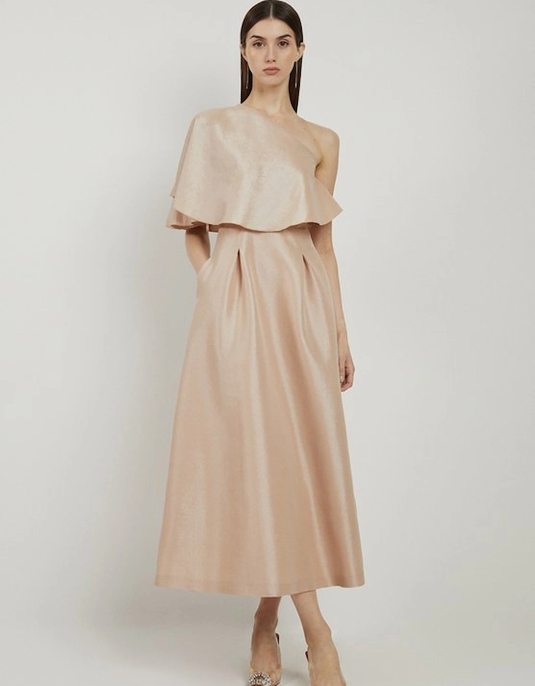 Petite Taffeta One Shoulder Ruffle Midi Dress, 4 of 3