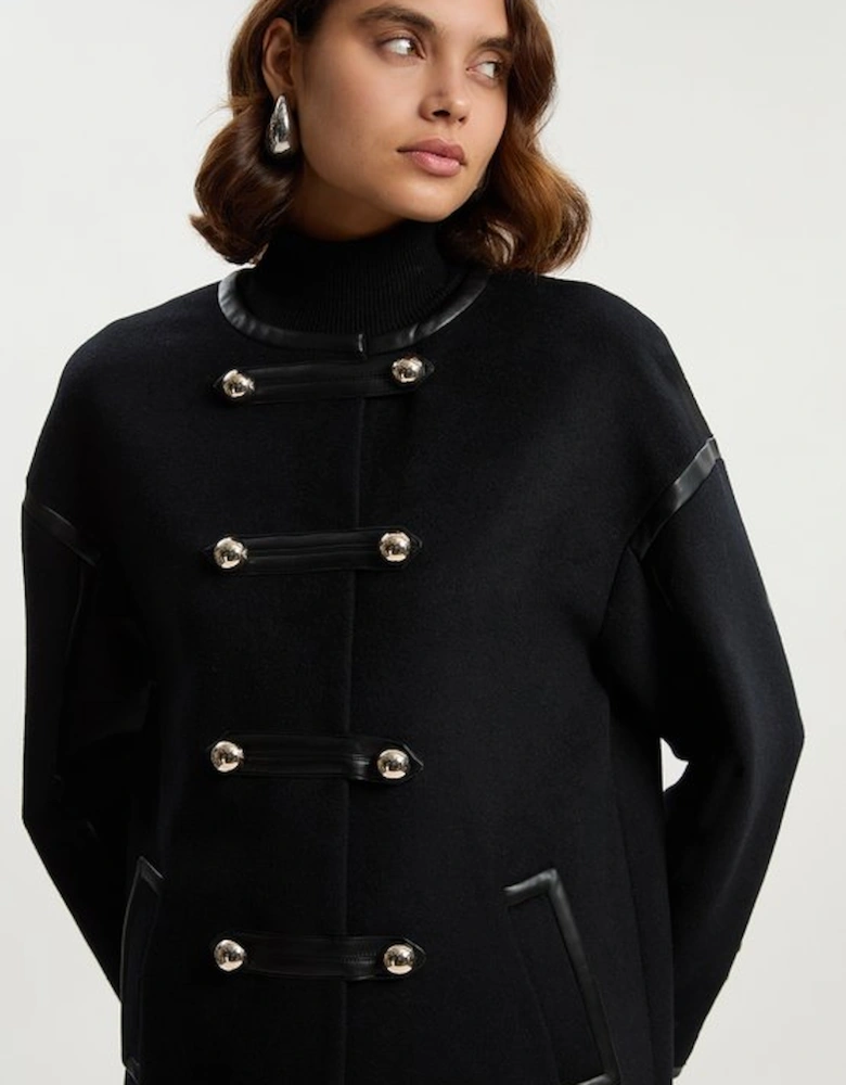 Brushed Wool PU Mix Tailored Collarless Midi Coat